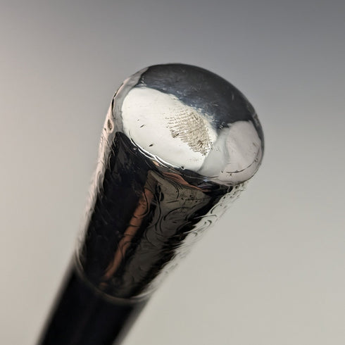 1920 British antique gentleman's walking stick, pure silver engraving, round handle, black shaft, 91.5cm